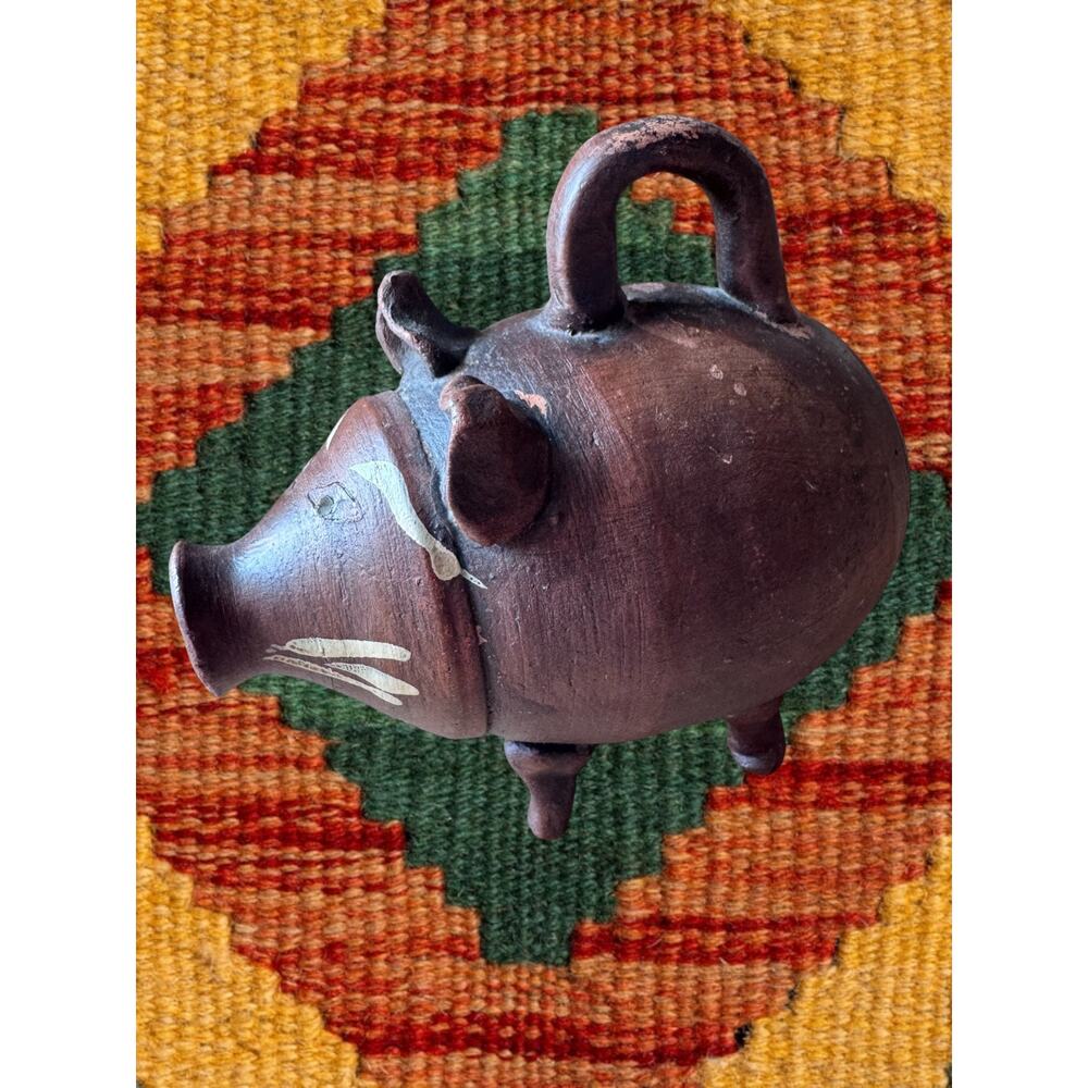Vintage Mexican Folk Art Terracotta Piggy Bank with Handle 5” Brown Pottery - Picture 1 of 8